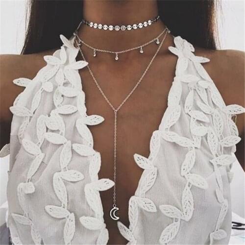 New Boho Multilayer Silver Color Sequins Alloy Link Chains Chokers Necklace Pendants&Necklaces For Women Girl Choker Collar