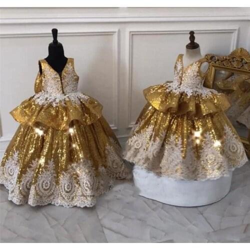 Gold Sequins Baby Girls First Communication Dress with White Lace Applique Big Bow Back Girls Party Prom Pageant Dress Custom