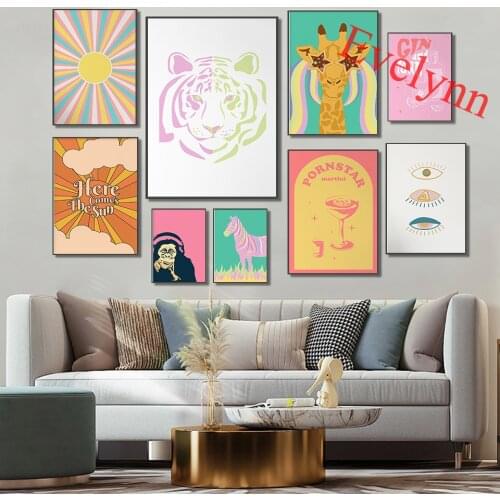 Monkey With Headphones Retro Poster, Trendy Pop Art,Cocktail,Whiskey,70S Style,Giraffe,Zebra,Home Decor Canvas Wall Art Prints