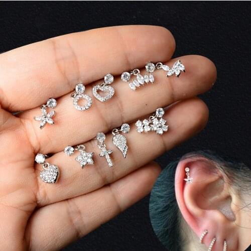 1PC Labret Piercing Cartilage Dangle Earring CZ Stainless Steel Star Heart Cross Wing Dainty Conch Tragus Helix Stud Earring