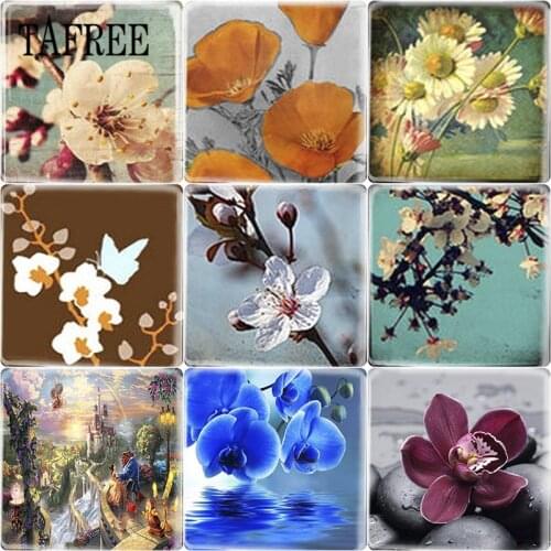 TAFREE Beautiful Flower Art Painting 25mm DIY Square Shape Glass Cabochon Cameo Settings Jewelry Findings For Earrings Necklace