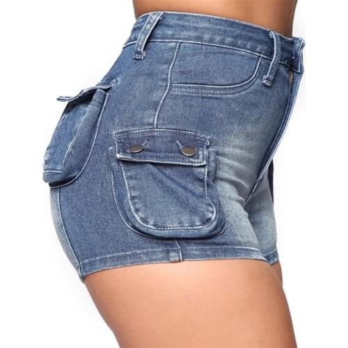 HUAN BEAUTY New Blue Slim Fit Multi-Pocket Womens Denim Shorts Sexy Summer Button Decoration Jeans Shorts HBP81