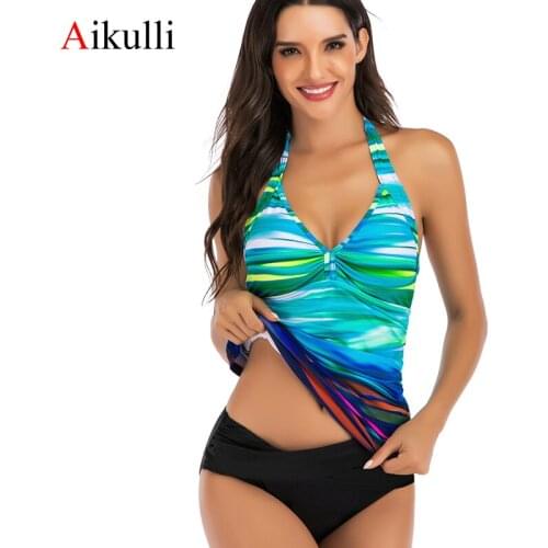 Aikulli Two Piece Swimsuit Women Sexy V-Neck Bandage Gradient Color Tankini Push Up Swimwear Print Bathing Suits Plus Size XXL