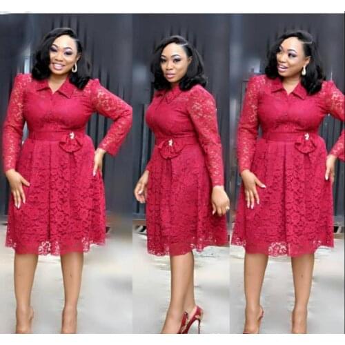 HGTE Cardigan thin waist A word dress Office Staff Womens Long Sleeve Lapel Lace Dress Four-color fat Large size 3XL 4XL dress