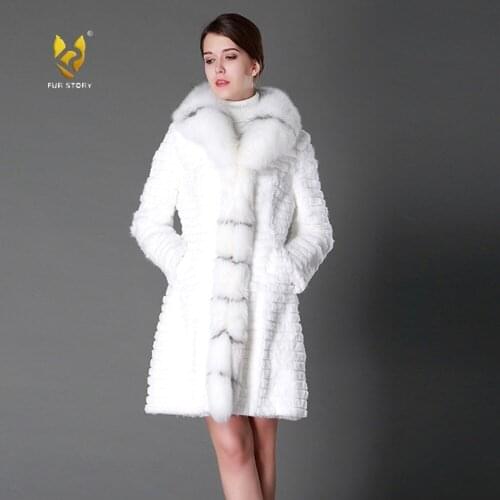 Womens Coats Real Rabbit Fur Overcoat with Genuine Fox Fur Collar Long Winter Fur Coat Women Fur Story FS15130