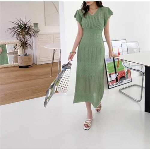 Vintage Korean Summer Hollow Out Knitted Dress Women V Neck High Waist Long Dresses Chic Female Elegant Slim Dress Vestidos