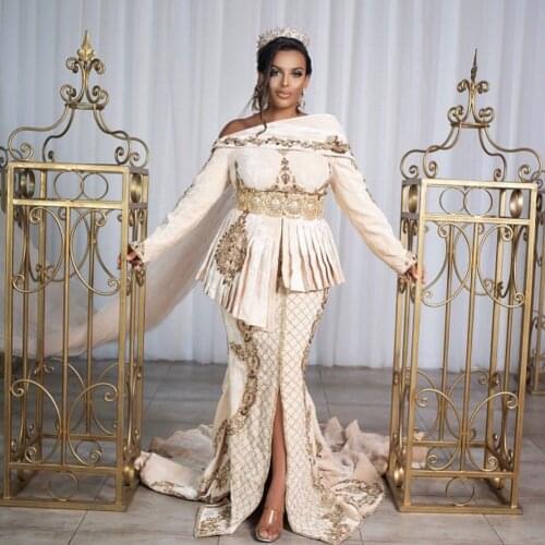 White Elegant Exquisite Moroccan Caftan Evening Dress A-line Floor Length Splie Applique Formal Dress With Train Prom Dress