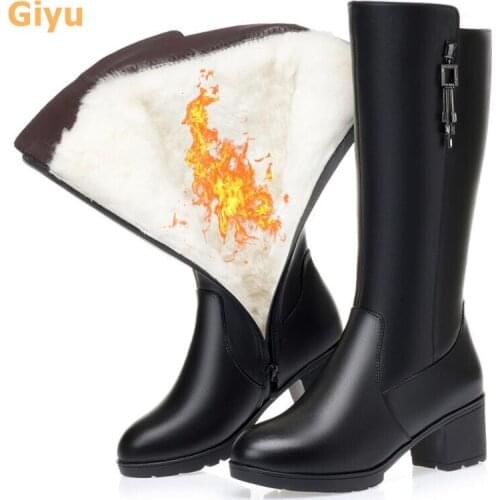 2020 Genuine Leather Womens motorcycle boots Knee-length Warm wool boots High heels Winter shoes Plus Size zipper Martin boots
