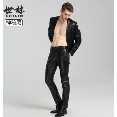 Black faux leather pants mens feet pants fashion motorcycle pu trousers for men plus velvet stitching clothes pantalon homme