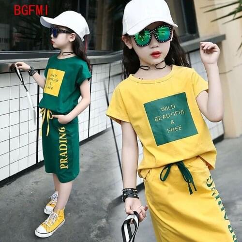 Breathable Summer Clothes Suit New 2021 Kid Childrens Clothing Fashion Girl Baby Short sleeve T-shirt + straight skirt 2pcs set