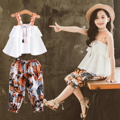 Teenager Girl Clothes Summer Kids Fashion Sling Tops Floral Pants Two Piece Set Children Suit Girls Outfits 4 5 8 9 10 12 Years