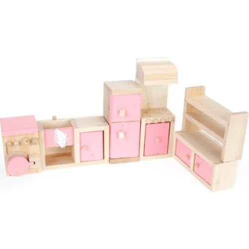 Dollhouse Furniture miniature Wooden Kitchen Equipment Kids Children Pretend Play Toys Pink Sweet Style Siut for Kitchen