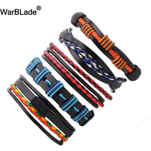 WarBLade Vintage Charm Men Bracelet High Quality Genuine Leather Braided Bracelets Bangle Punk Wrap Wristband For Male 5pcs/Set