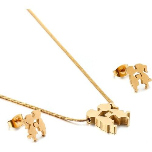 Japanese and Korean new boys and girls hand in hand jewelry necklace earrings gold-plated stainless steel set Valentines Day gi