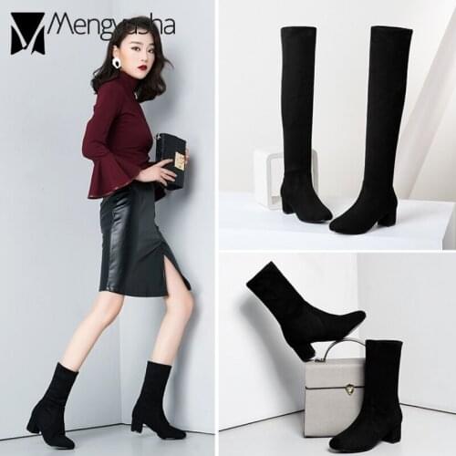 High heels big size 43 thigh boots woman nubuck stretch boots winter shoes black all-match thick square heel knee-high botas