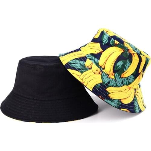 Summer Two Sided Panama Bucket Hat Women Men Harajuku Hip Hop Bucket Cap Reversible Fruit Banana Watermelon Print Fisherman Hat