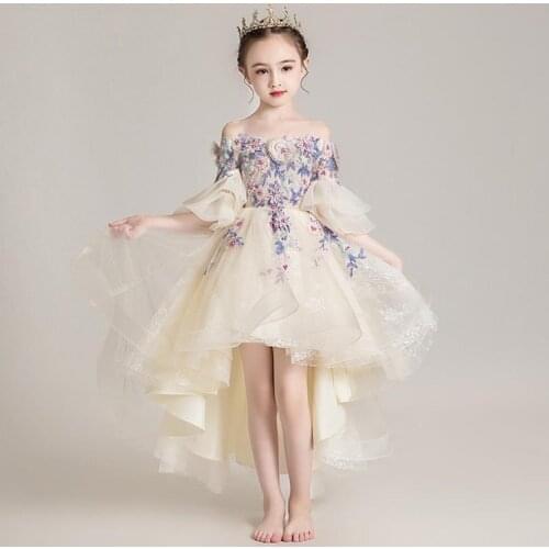 Girls Princess Dress Birthday Party Lace Mesh Stitching Trailing Evening Gown Kids Pageant Catwalk Dress For Girls Vestidos L431