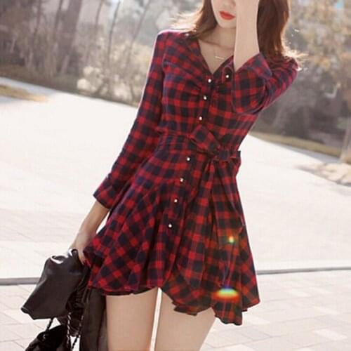 Womens Autumn Casual checkerboard Ladies Dresses check Long Sleeve gingham t shirt Dress Elegant Party vintage korean vestido