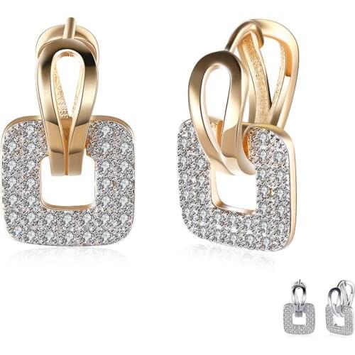 ZEMIOR Square Shaped Champagne Gold Drop Earrings For Women Full White Clean Cubic Zirconia Earring Engagement Fashion Jewelry