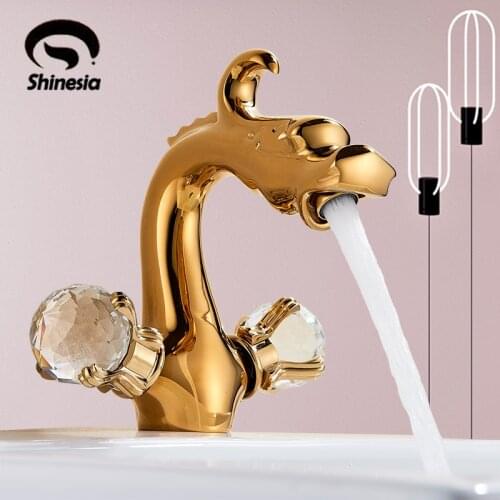 Shinesia Luxury Golden Basin Faucet Dragon Carved for Bathroom Sink Vessel Special Animal Shape Hot and Cold Water Mixer Tap