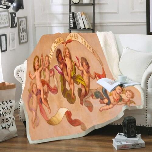 Angel Playing Series 3D Digital Angel Oil Painting Sky Clouds Print Warm Coral Fleece Blanket Plush Throw Blanket for Bed Sofa