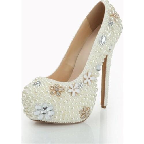 High-end womens party documentary shoes luxury sexy high heels ms crystal pearl leather shoes lady wedding banquet