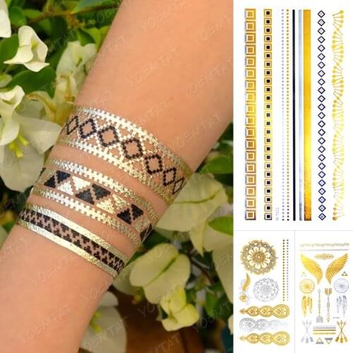 Waterproof Temporary Tattoo Sticker Metallic Gold Silver Mandala Angel Flash Tatoo Women Arm Henna Bracelet Body Art Fake Tatto