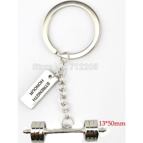 Fitness Gym jewelry 20pcs a lot rhodium plated Weightlifting barbell with Strength Honour Key chain(K107)