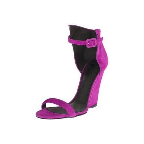 Women Purple Red Flock Suede Leather Wedge Sandals Summer Ankle Buckle Strap Open Toe Dress Party Shoes Plus Size Free Shipping