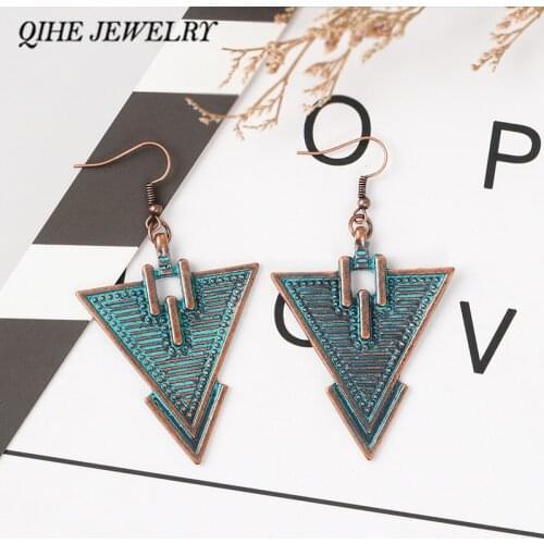 QIHE JEWELRY Rustic Bronze Triangle Dangle Earrings Statement Earrings Boho jewelry Boho style Earrings for women