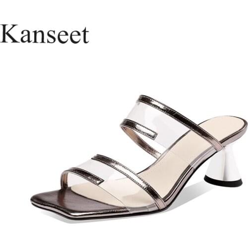 Kanseet Outdoor Slippers 2021 Summer Gold Silver Fashion Patchwork Women Slippers Elegant Handmade Open-Toed Female Shoes New