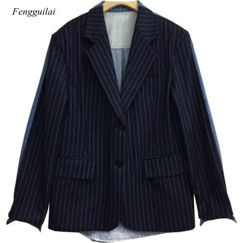 Dark Blue Long-Sleeved Denim Stitching Color Single-Breasted Blazer Femme Jacket Fashion 2021 Coat New
