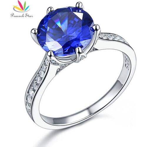Peacock Star 925 Sterling Silver Promise Engagement Luxury Ring 3 Carat Blue Stone Jewelry CFR8229