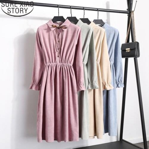 Female Winter Midi Bow Tie Dress Elegant Fashion Corduroy Dress Women Autumn 2021 Korean Solid Lapel Long Sleeve Dress 12016