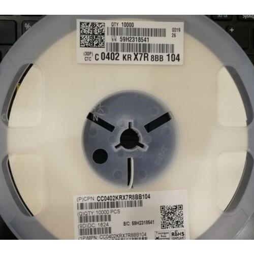 0402 0.1uF 25V ±10% X7R (CC0402KRX7R8BB104) CC0402KRX7R8BB104 CAP CHIP 0402 0.1UF X7R 25V 10K per plate