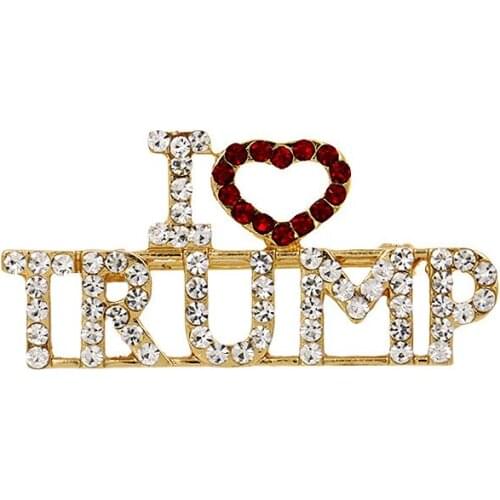 100PCS Alloy Diamond Corsages Letters Brooch I Love Trump Breast-Pin Gold Color