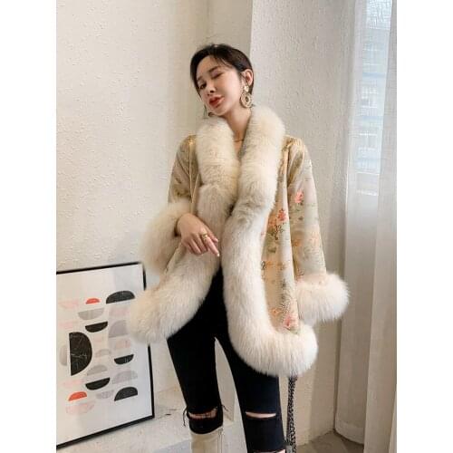 2020 Natural Real Fox Fur Coat Winter Jacket Women Female Chinese Style Cloak Dragon Phoenix Auspicious Bead Embroidery