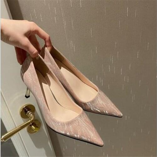 2021 New Autumn Womens High Heels Shoes Sequined Cloth Shallow Female Elegant OL Office Shoes Pointed Toe Fashion Women Pumps