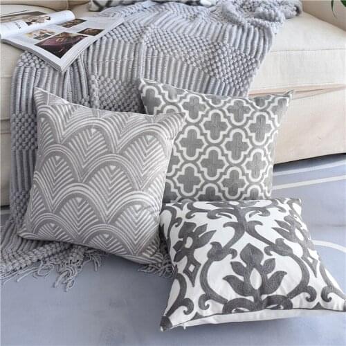 Grey Floral Embroidered Cushion Cover 45x45cm Pillow Cover Cotton Canvas Home Decoration Throw Pillows For Sofa Seat Living Room