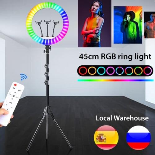 Dimmable RGB Ring Light 45cm 18inch Profissional Photography Lighting Kits With Tripod Stand 3 Phone Clip Selfie Lamp For Tiktok