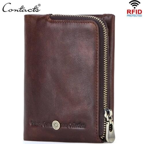 CONTACTS New Small Wallet Men Crazy Horse Wallets Coin Purse Quality Short Male Money Bag Rifd Cow Leather Card Wallet Cartera