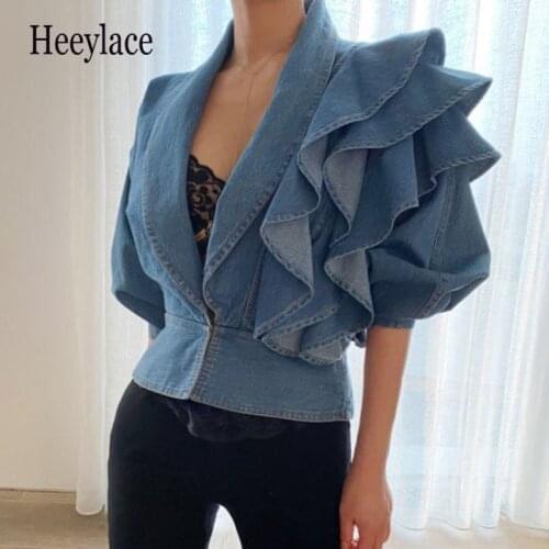 2020 autumn korean v neck ruffles blue denim short denim jackets female women long sleeve coats for women