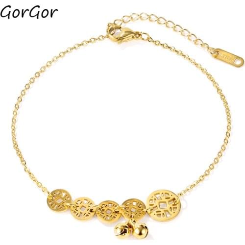 GorGor Korean Style Hot Sale Simple Geometric Round Hollow Copper Bell Foot Ornaments Internet Celebrity Womens Titanium 106