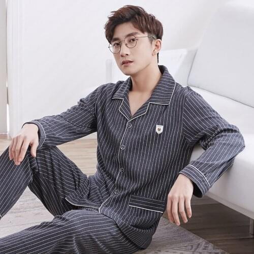 2021 Trendyol Striped Man Pajama Sets Cotton Lounge Turn-down Collar Button Down Homewear Male Plus Size Two Piece Set Sleepwear
