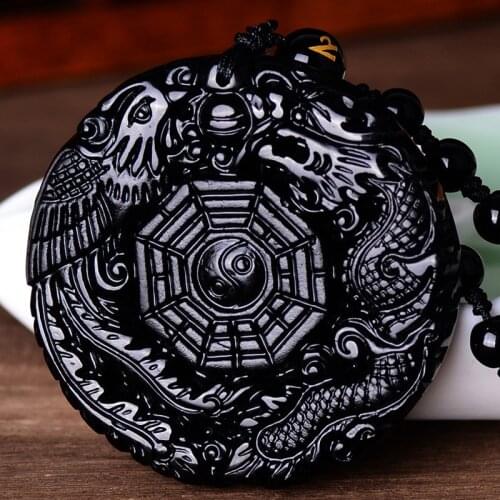Women Gift word Love real Natural Black Obsidian Hand Carved Chinese Dragon Phoenix BaGua Lucky Amulet Pendant Necklace Fah