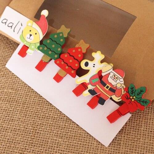 6Pcs/Set Christmas Pattern Home Ornament Wooden Clip Pendant Kids Gift Photo Wall Decorate DIY Craft Party Decor