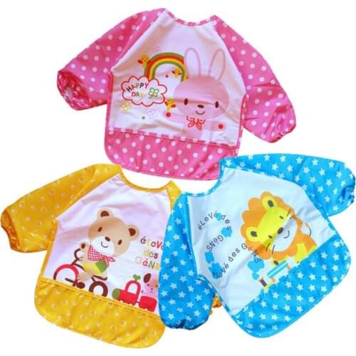 Cartoon Animal Baby Boy Bibs Waterproof Long Sleeve Girl Kids Burp Cloth Feeding Bib Pocket Child Apron Smock 3pc/lot