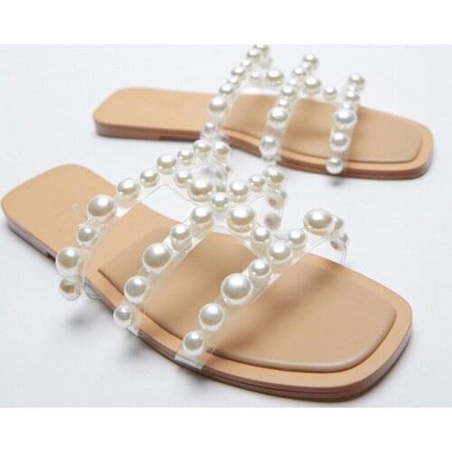 Womens Shoes Summer Transparent Pearl Decoration Flat Sandals New Fashion Temperament Open Toe Square Toe Roman Sandals