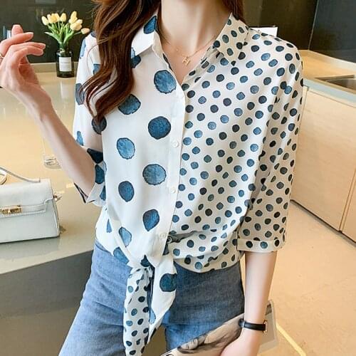Asymmetry Polka Dot Bow Women Shirt Button Vintage Chiffon Blouses Short Sleeve 2021 Summer Tops Woman Clothes Chemisier Femme