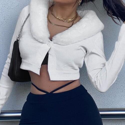 2021 Autumn Winter Faux Fur Coats Women Warm Fluffy Cropped Jackets Single Row Two Button Ribbed V Neck Fashion Short Overcoats